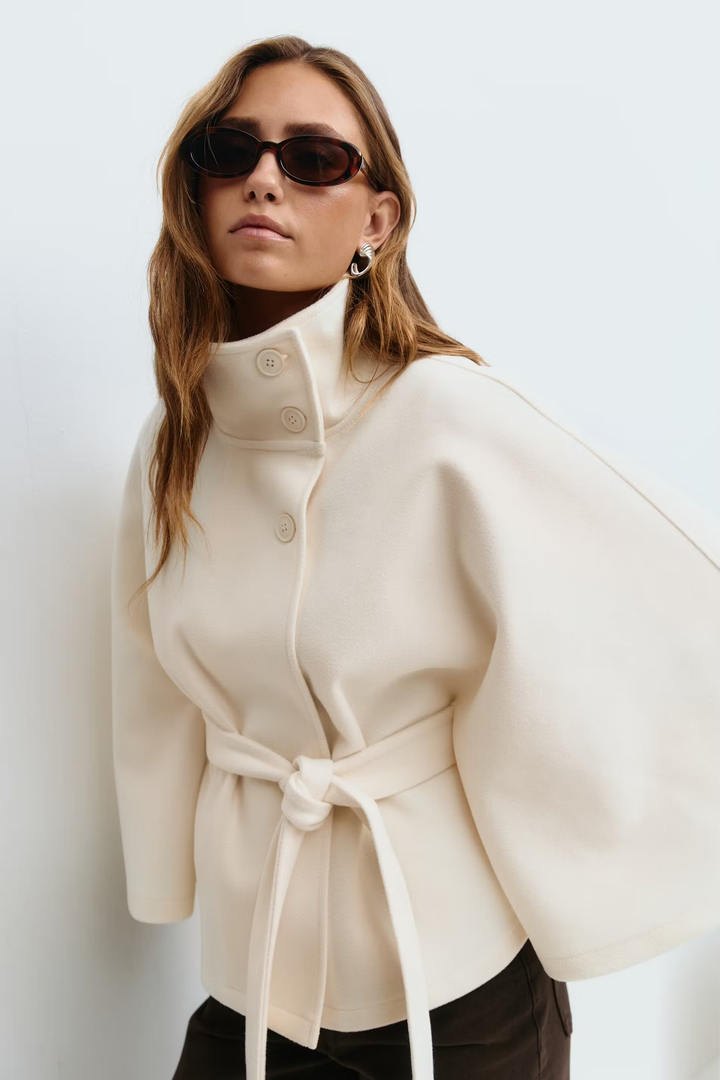Diane | Elegant Cape Coat with Belt & High Collar