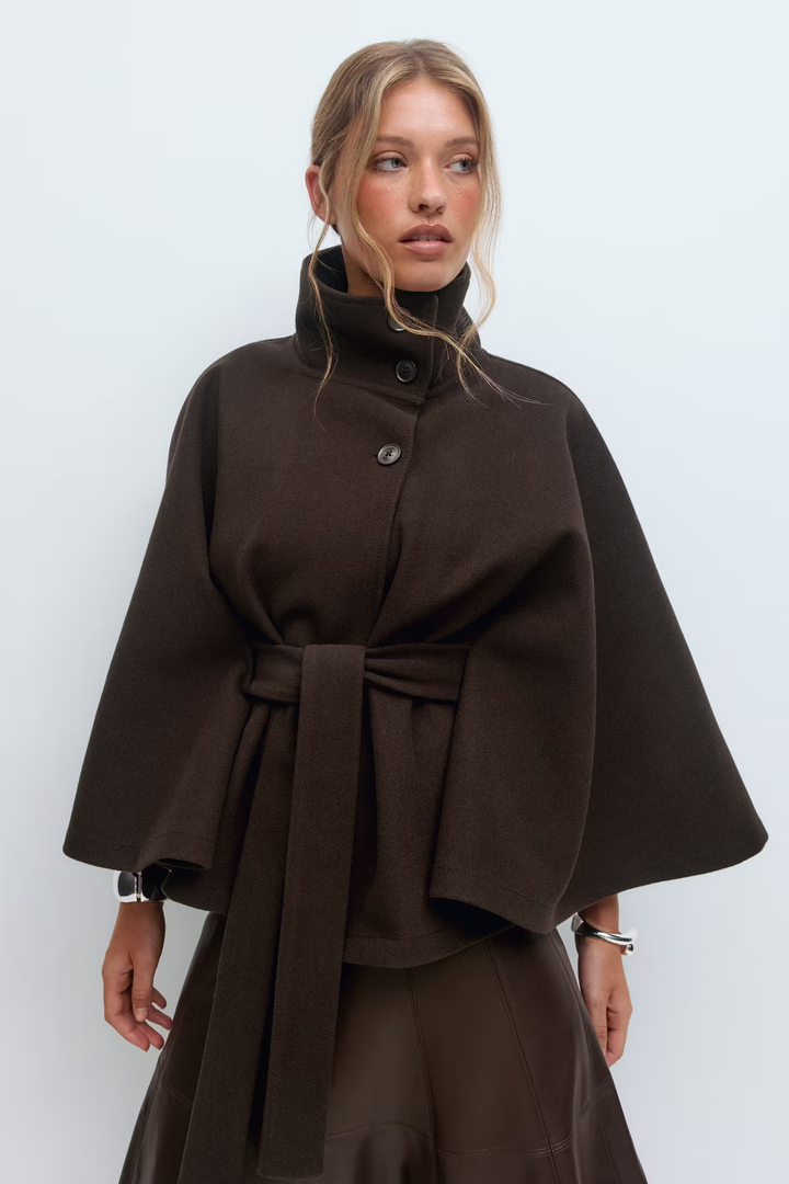 Diane | Elegant Cape Coat with Belt & High Collar