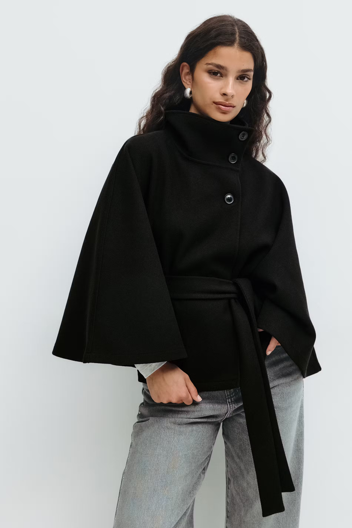 Diane | Elegant Cape Coat with Belt & High Collar